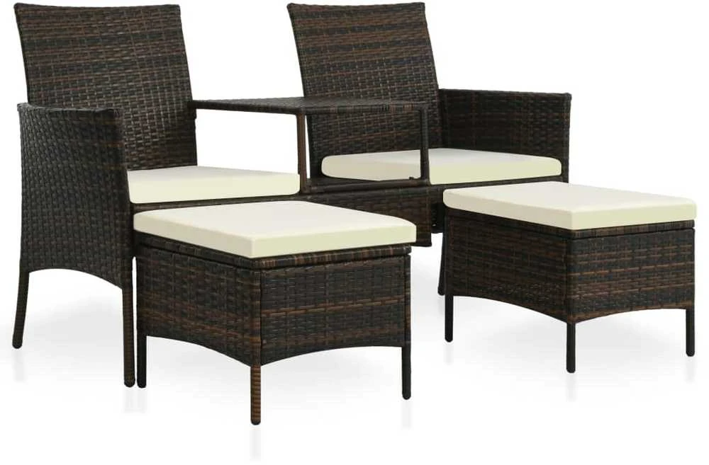 Dvivietė sodo sofa su arbatiniu staliuku, ruda, poliratanas