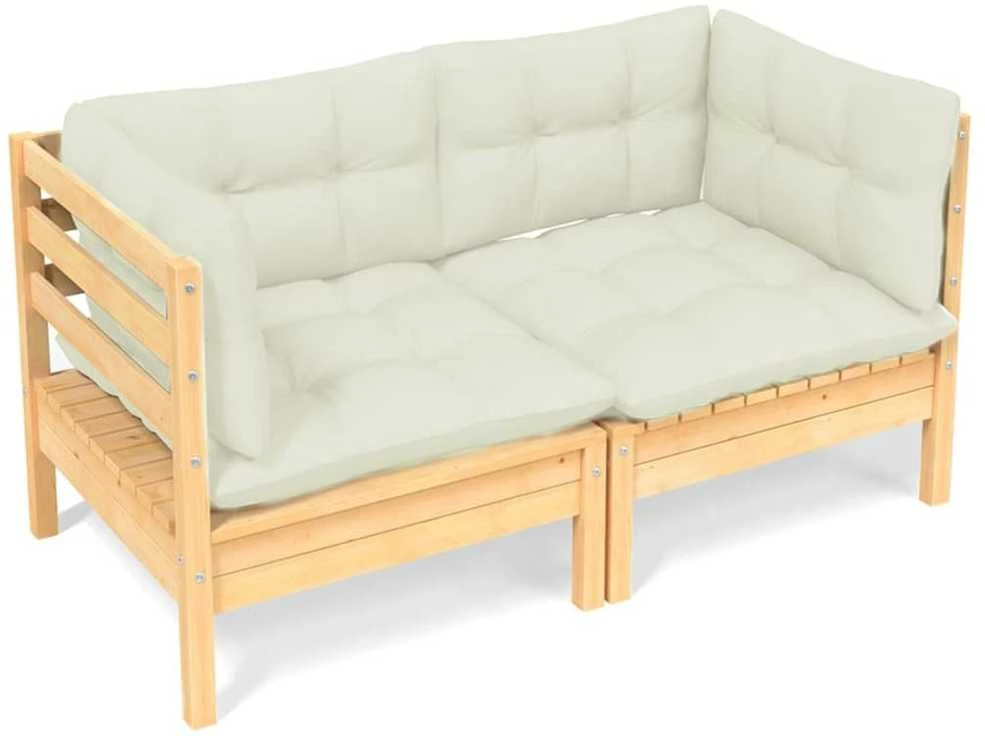 Dvivietė sodo sofa su kreminėmis pagalvėlėmis, pušies masyvas