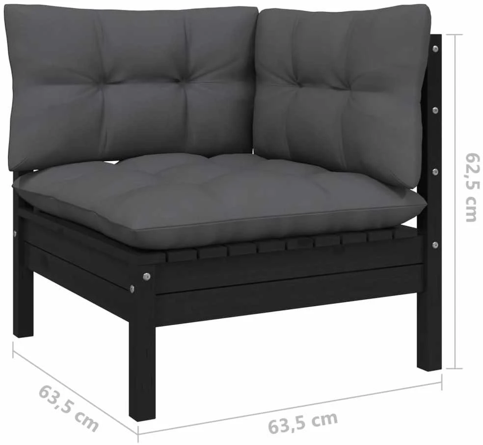 Dvivietė sodo sofa su pagalvėlėmis, juoda, pušies masyvas