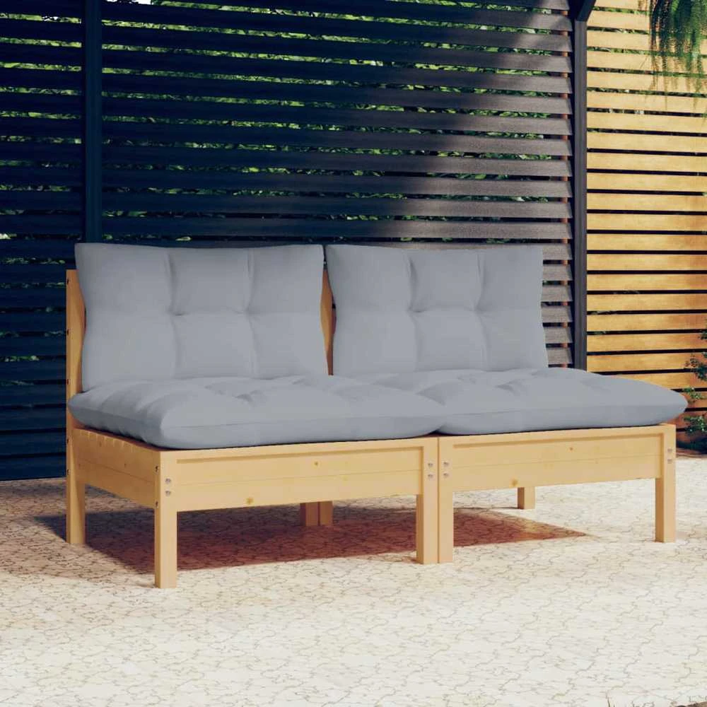 Dvivietė sodo sofa su pilkomis pagalvėlėmis, pušies masyvas