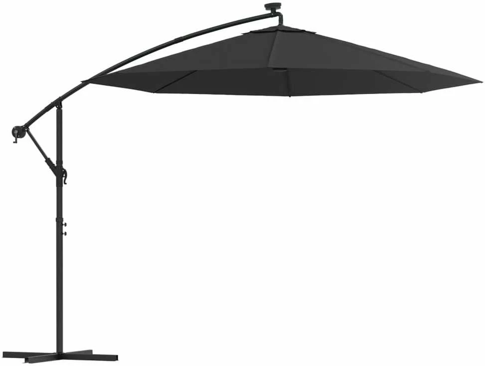 Gembinis skėtis su LED ir plieniniu stulpu, juodas, 300cm