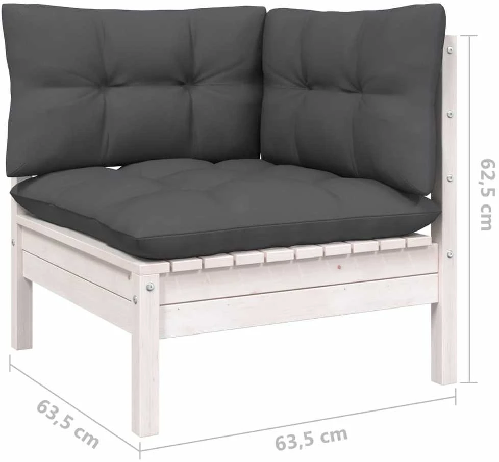 Kampinė sodo sofa su pagalvėlėmis, balta, pušies masyvas