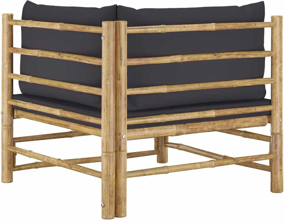 Kampinė sodo sofa su tamsiai pilkomis pagalvėlėmis, bambukas