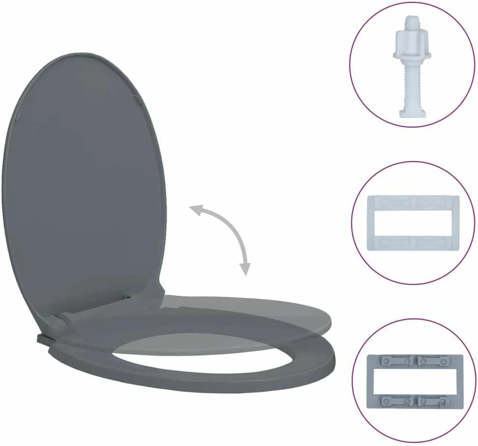 Klozeto sėdynė su soft-close mechanizmu, pilkos spalvos, ovali