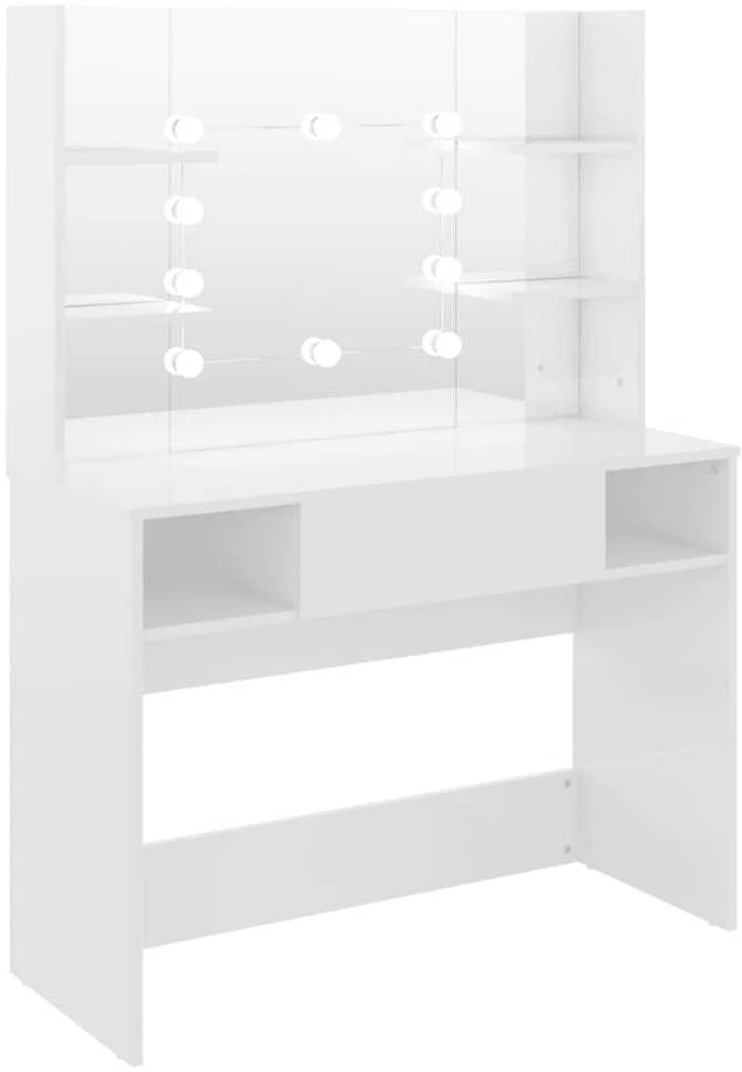 Kosmetinis staliukas su LED, blizgus baltas, 100x40x135cm, MDF