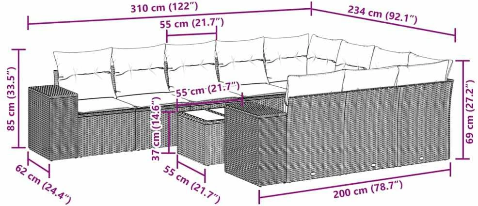 Sofa Sodo komplektas su pagalvėlėmis, 11 dalių, pilkas, poliratanas