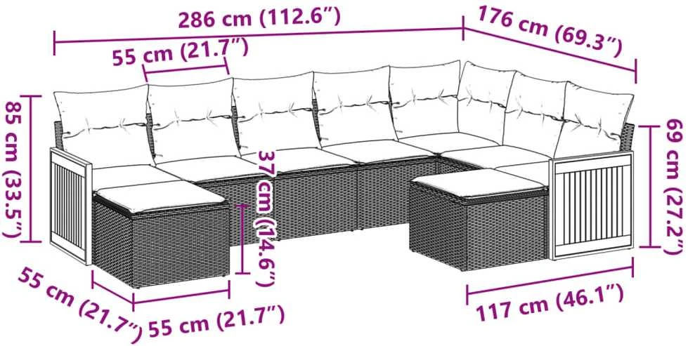 Lauko baldų komplektas Sodo komplektas su pagalvėlėmis, 9 dalių, smėlio, poliratanas