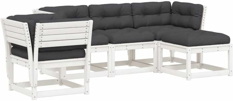 Lauko baldų komplektas Sodo komplektas su pagalvėlėmis, 5 dalių, baltas, pušis