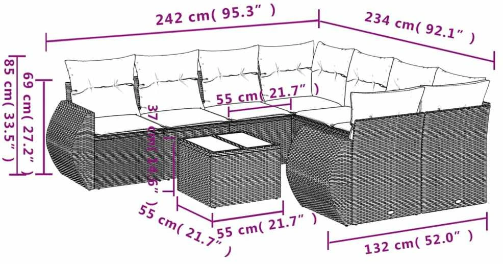 Lauko baldų komplektas Sodo komplektas su pagalvėlėmis, 9 dalių, juodas, poliratanas