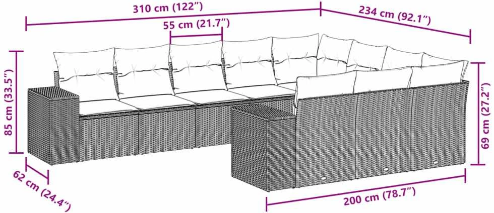 Lauko baldų komplektas Sodo komplektas su pagalvėlėmis, 10 dalių, juodas, poliratanas