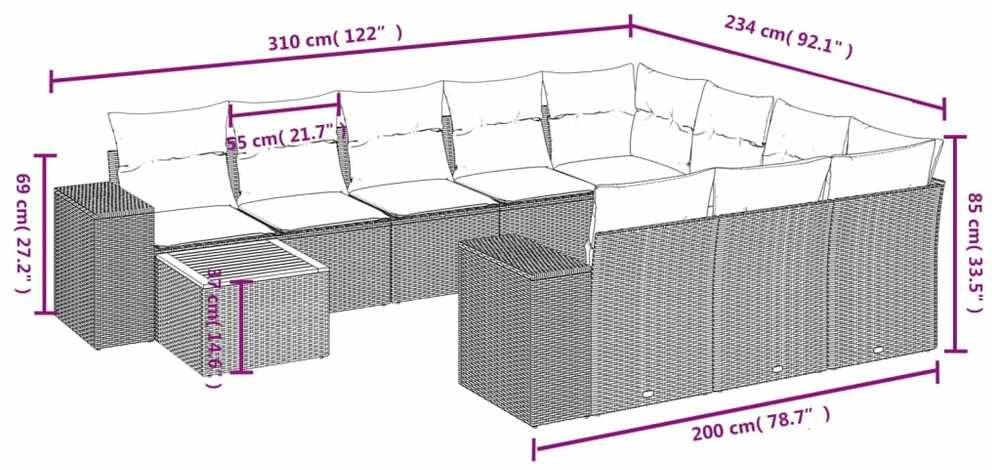 Lauko baldų komplektas Sodo komplektas su pagalvėlėmis, 11 dalių, pilkas, poliratanas