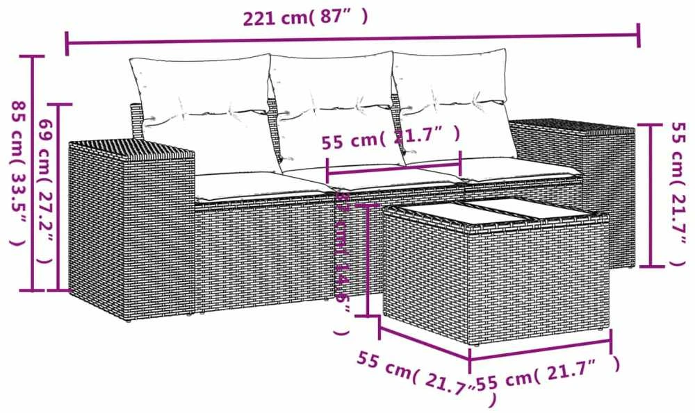 Sofa Sodo komplektas su pagalvėlėmis, 4 dalių, pilkas, poliratanas