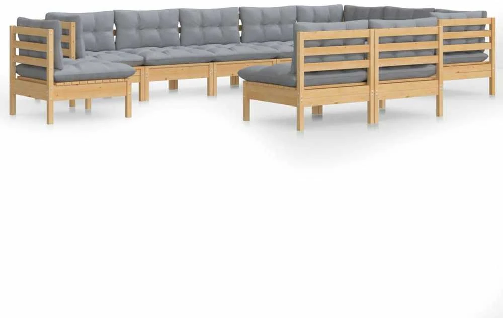Lauko baldų komplektas Sodo komplektas su pilkomis pagalvėmis, 10 dalių, pušis