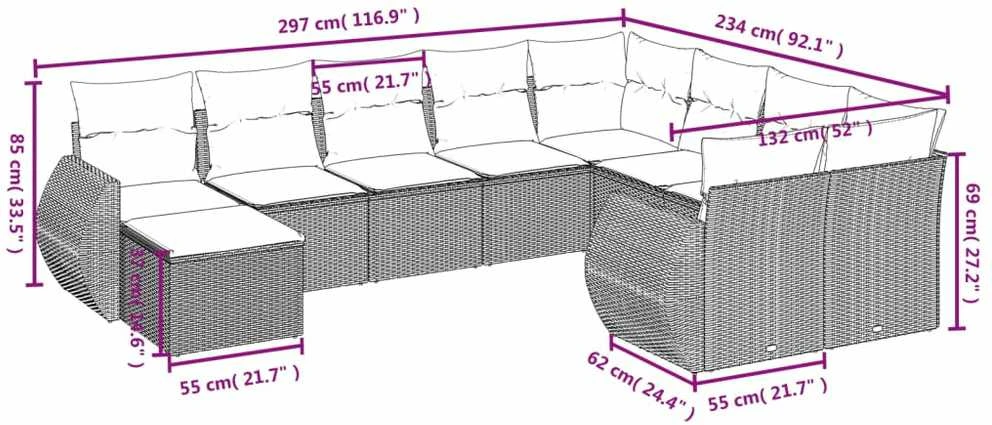 Lauko baldų komplektas Sodo komplektas su pagalvėlėmis, 10 dalių, juodas, poliratanas