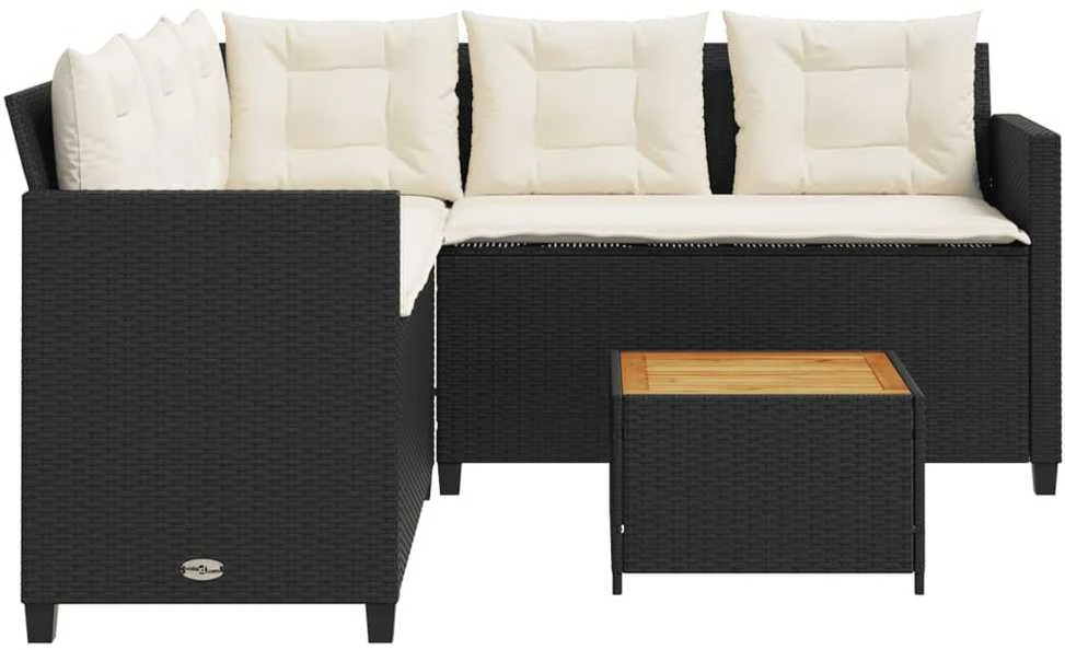 Sodo sofa su stalu/pagalvėlėmis, juoda, poliratanas, L formos