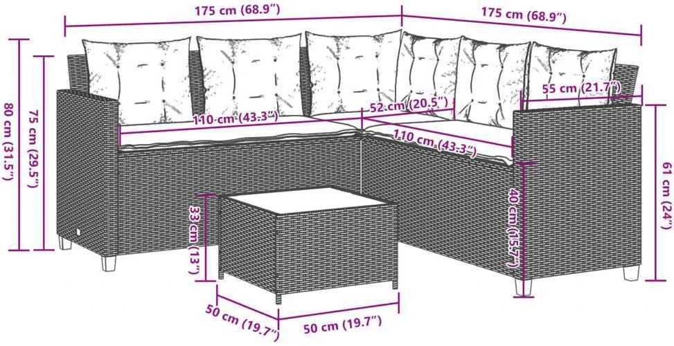 Sodo sofa su stalu/pagalvėlėmis, smėlio, poliratanas, L formos