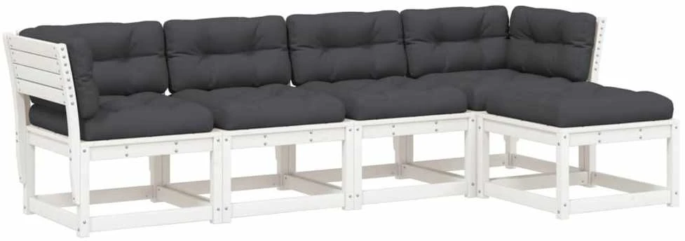 Lauko baldų komplektas Sodo sofos komplektas su pagalvėlėmis, 5 dalių, baltas, pušis