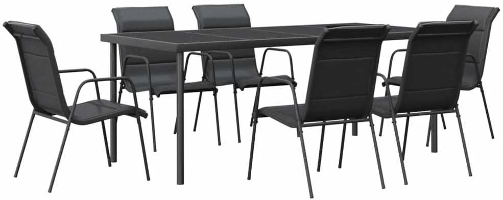Lauko baldų komplektas Sodo valgomojo komplektas, 7 dalių, juodas, plienas/tekstilenas