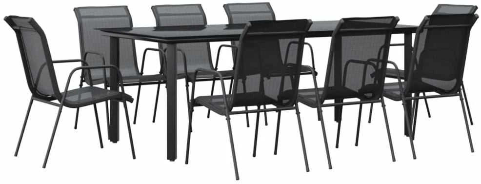 Lauko baldų komplektas Sodo valgomojo komplektas, 9 dalių, juodas, plienas/tekstilenas