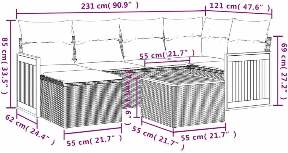 Lauko baldų komplektas Sofos komplektas su pagalvėlėmis, 7 dalių, smėlio, poliratanas