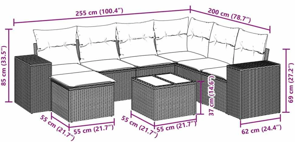 Sofa Sofos komplektas su pagalvėlėmis, 8 dalių, juodas, poliratanas