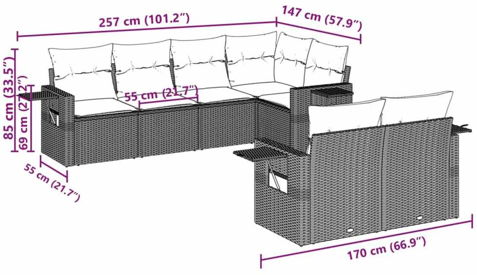 Lauko baldų komplektas Sofos komplektas su pagalvėlėmis, 7 dalių, rudas, poliratanas