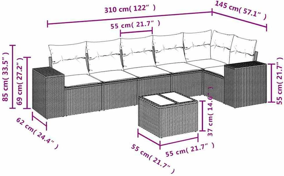 Sofa Sofos komplektas su pagalvėlėmis, 7 dalių, smėlio, poliratanas