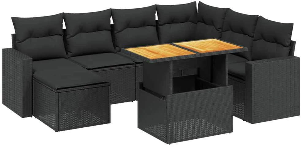 Lauko baldų komplektas Sofos komplektas su pagalvėlėmis, 8 dalių, juodas, poliratanas