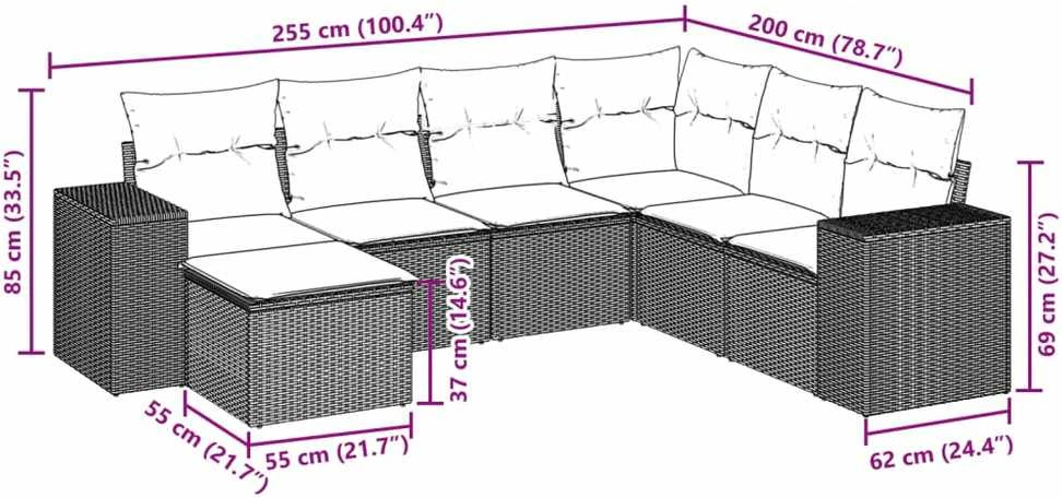 Lauko baldų komplektas Sofos komplektas su pagalvėlėmis, 7 dalių, juodas, poliratanas