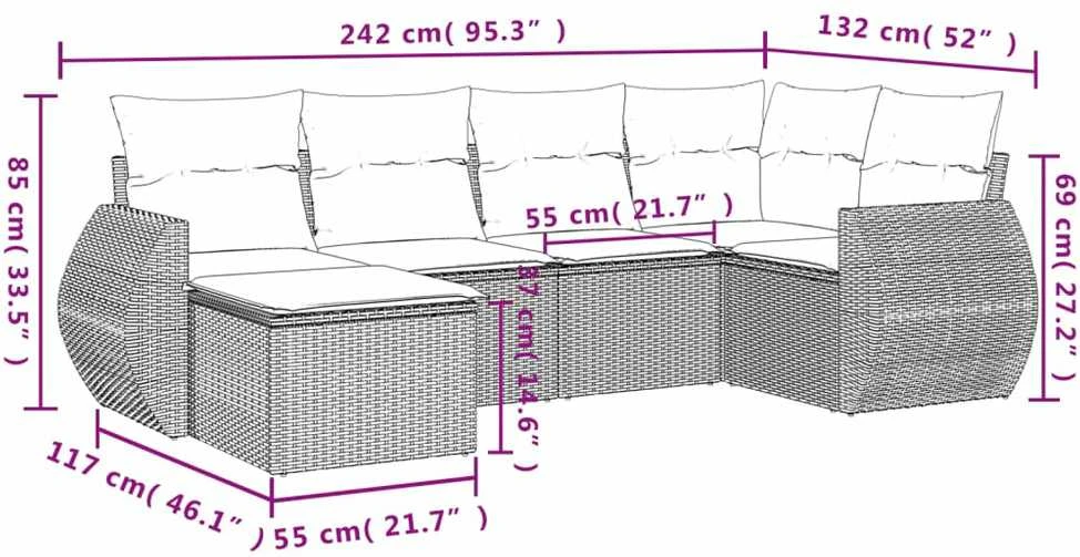 Lauko baldų komplektas Sofos komplektas su pagalvėlėmis, 6 dalių, pilkas, poliratanas