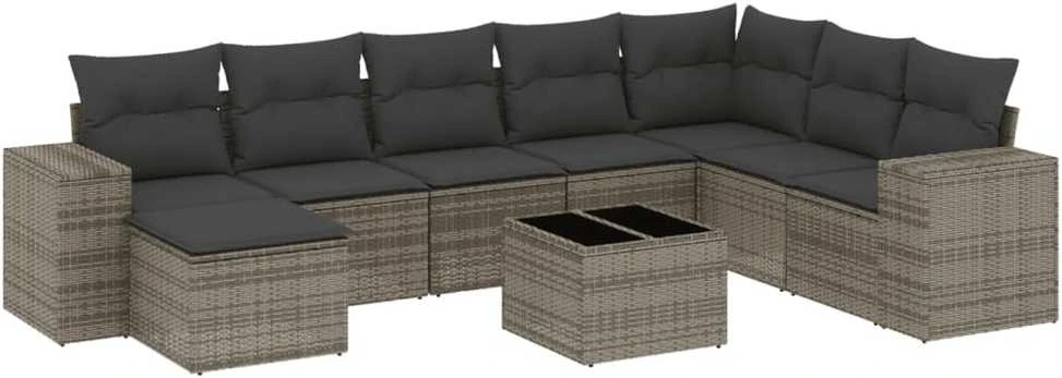 Sofa Sofos komplektas su pagalvėlėmis, 9 dalių, pilkas, poliratanas