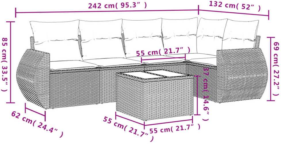 Sofa Sofos komplektas su pagalvėlėmis, 6 dalių, smėlio, poliratanas