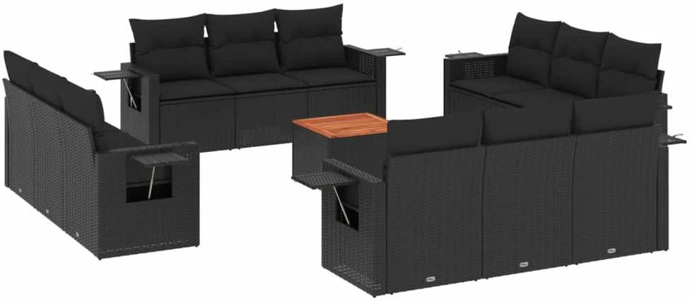 Sofa Sofos komplektas su pagalvėlėmis, 13 dalių, juodas, poliratanas