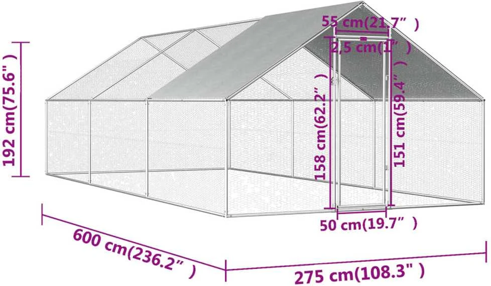 Lauko narvas viščiukams, 2,75x6x1,92 m, galvanizuotas plienas