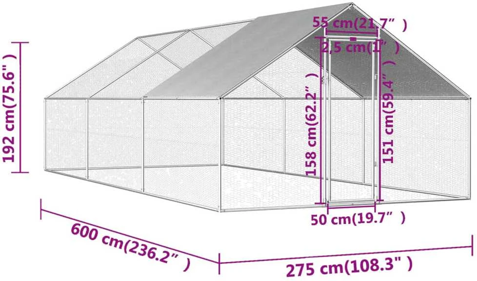 Lauko narvas viščiukams, 2,75x8x1,92 m, galvanizuotas plienas