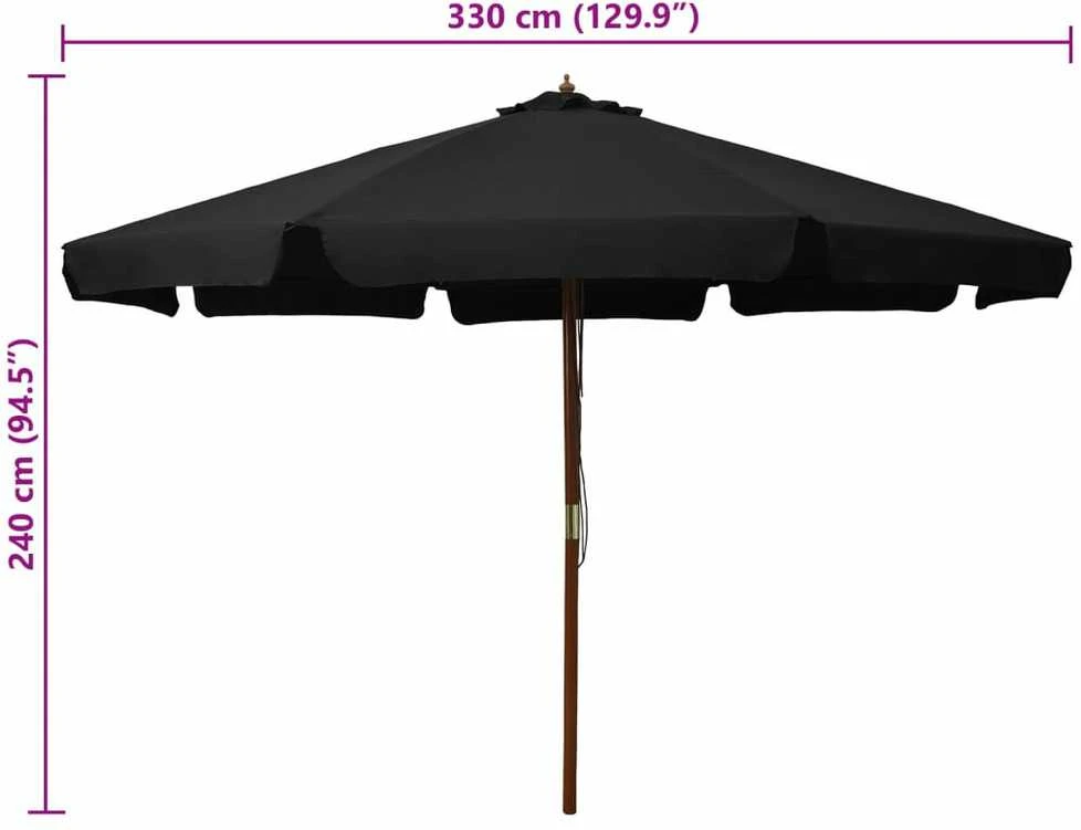 Lauko skėtis nuo saulės su mediniu stulpu, juodas, 330cm