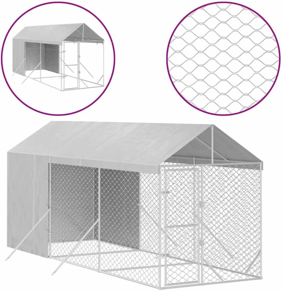 Lauko voljeras šunims su stogu, sidabrinis, 2x6x2,5m, plienas