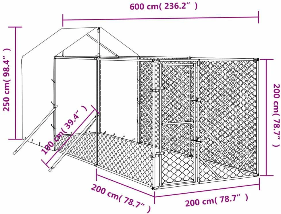 Lauko voljeras šunims su stogu, sidabrinis, 2x6x2,5m, plienas