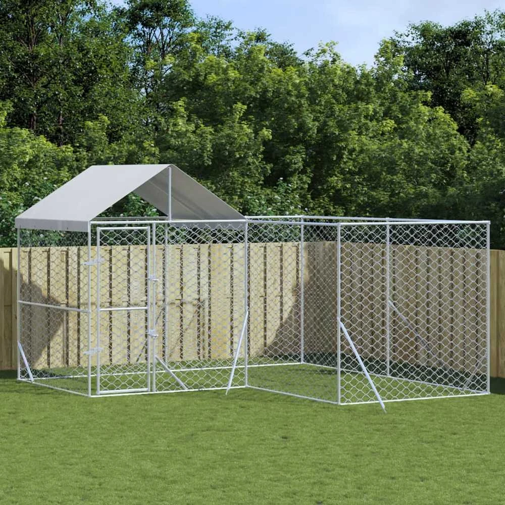 Lauko voljeras šunims su stogu, sidabrinis, 4x4x2,5m, plienas