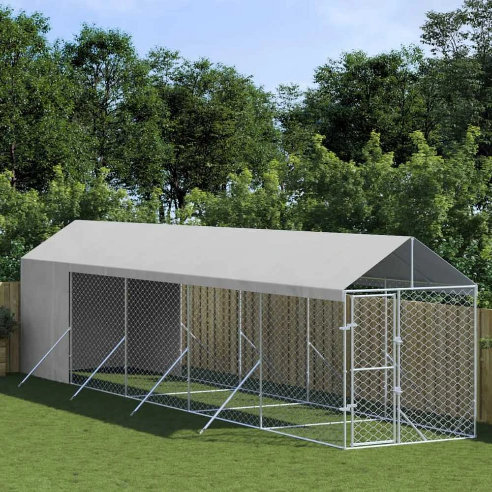 Lauko voljeras šunims su stogu, sidabrinis, 2x10x2,5m, plienas