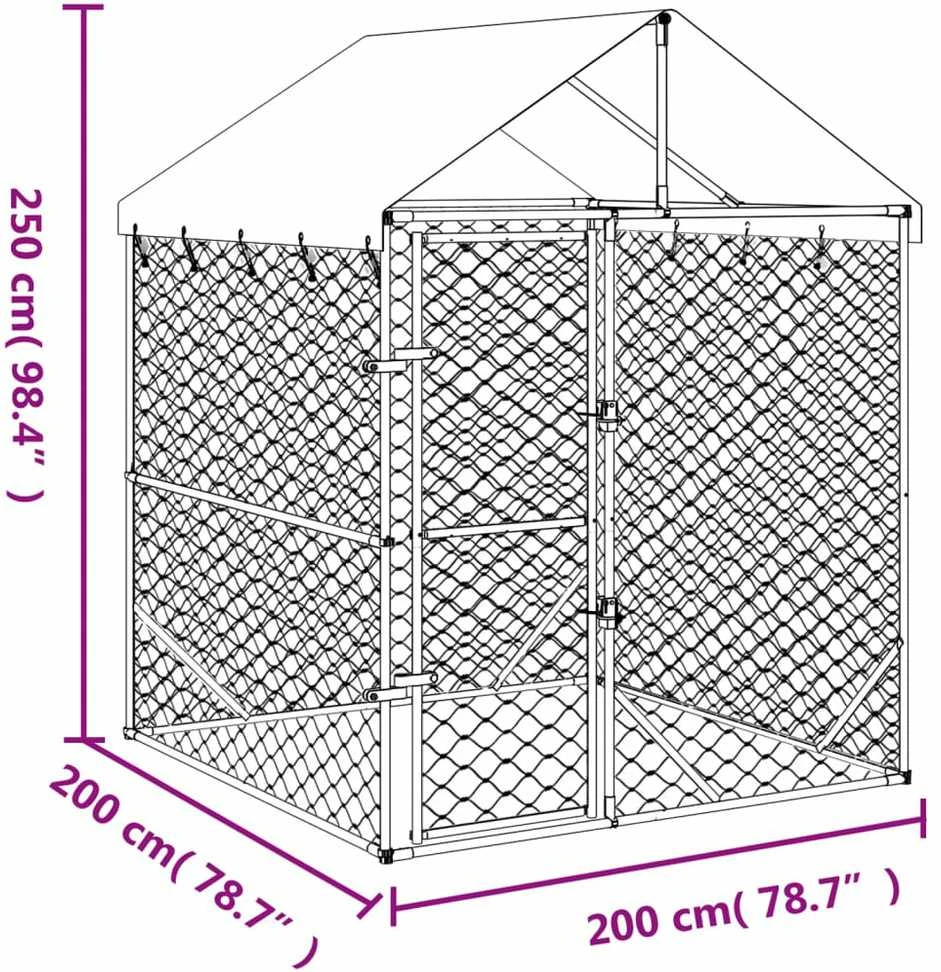 Lauko voljeras šunims su stogu, sidabrinis, 2x2x2,5m, plienas