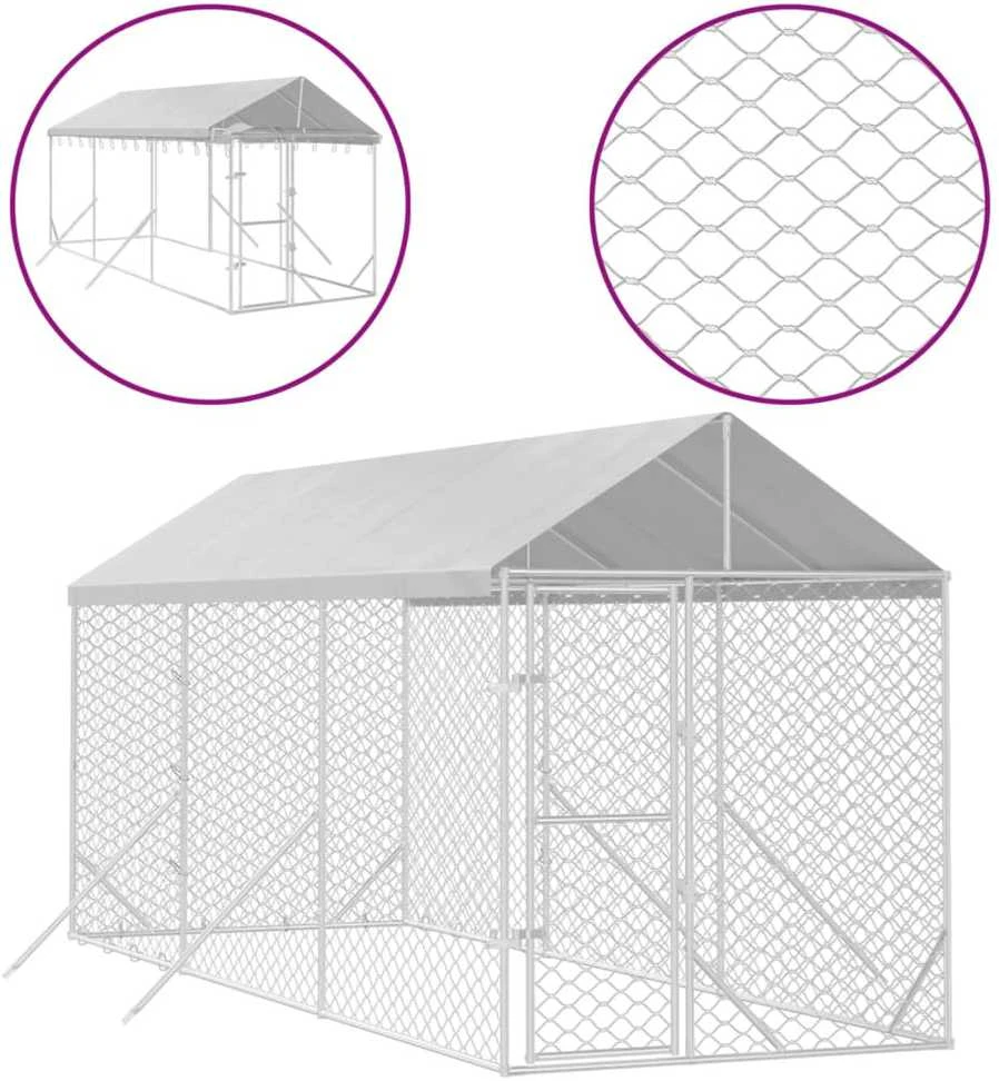 Lauko voljeras šunims su stogu, sidabrinis, 2x6x2,5m, plienas