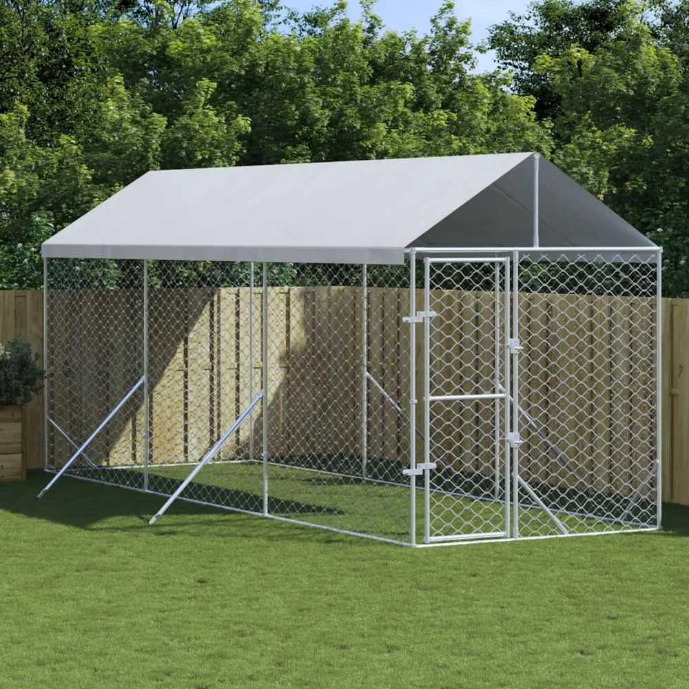 Lauko voljeras šunims su stogu, sidabrinis, 2x6x2,5m, plienas