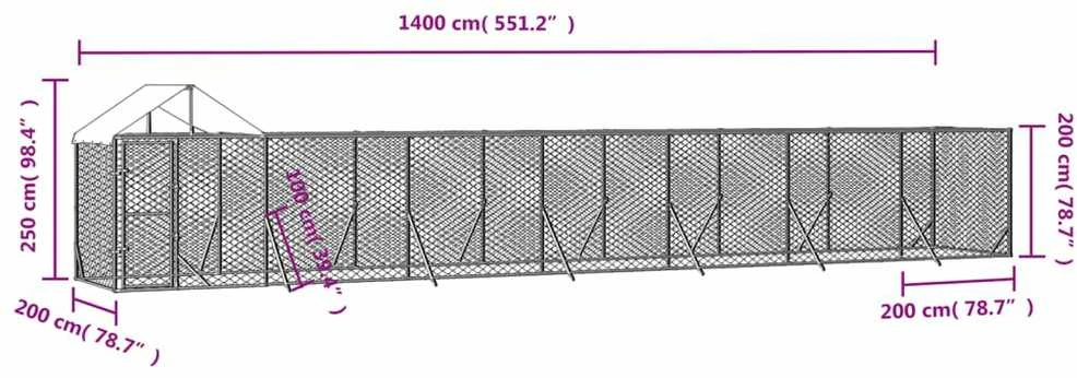 Lauko voljeras šunims su stogu, sidabrinis, 14x2x2,5m, plienas