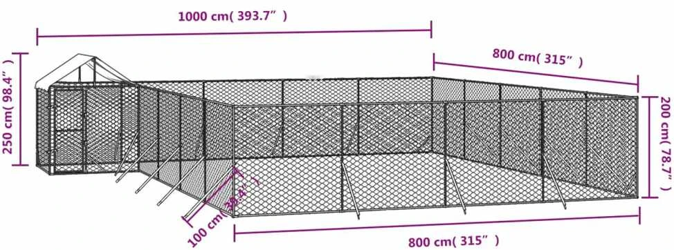 Lauko voljeras šunims su stogu, sidabrinis, 10x8x2,5m, plienas