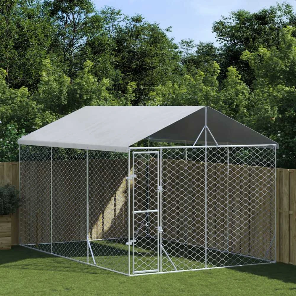 Lauko voljeras šunims su stogu, sidabrinis, 3x4,5x2,5m, plienas