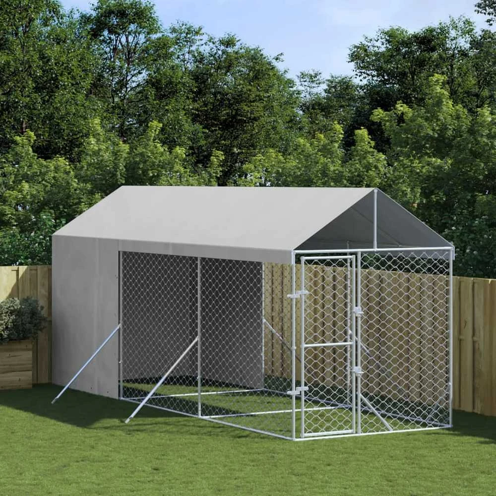 Lauko voljeras šunims su stogu, sidabrinis, 2x6x2,5m, plienas