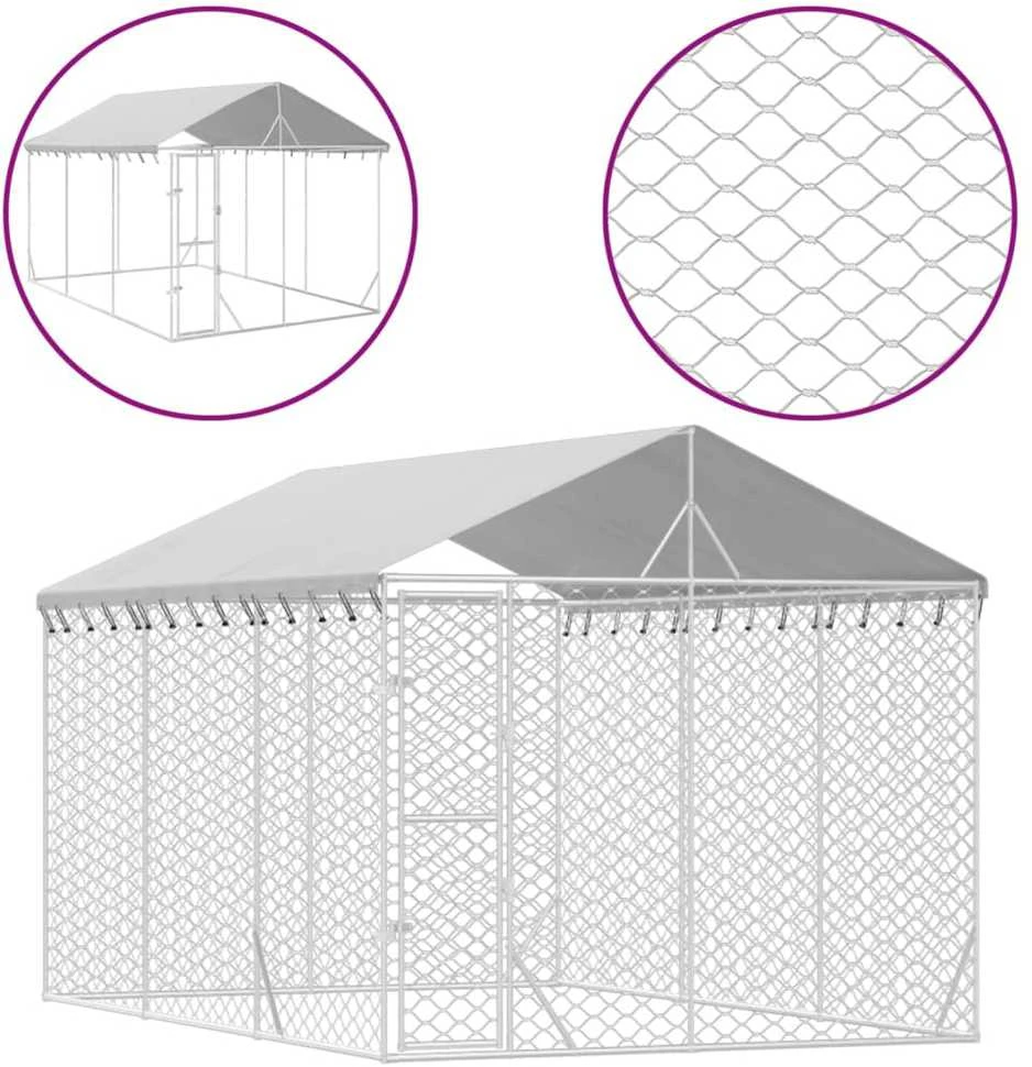 Lauko voljeras šunims su stogu, sidabrinis, 3x4,5x2,5m, plienas