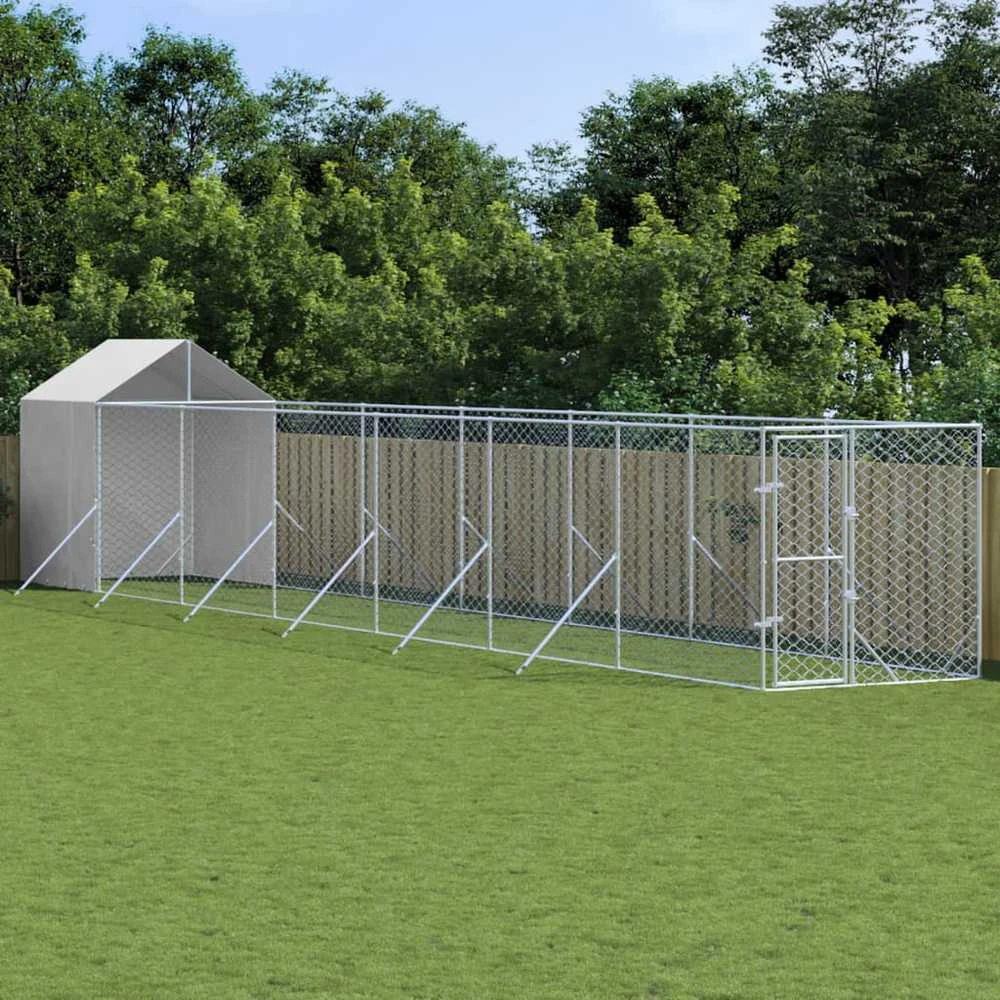 Lauko voljeras šunims su stogu, sidabrinis, 2x14x2,5m, plienas