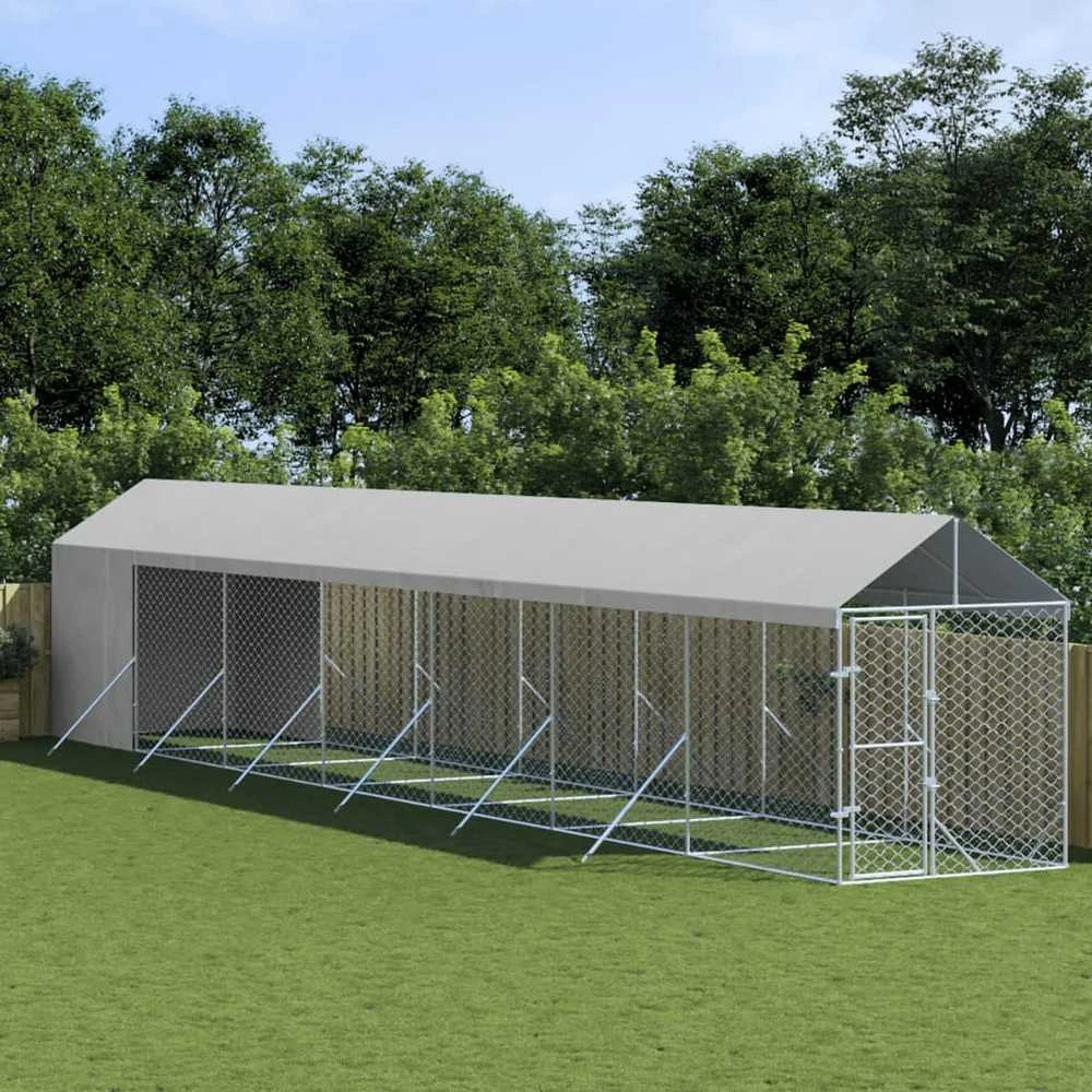 Lauko voljeras šunims su stogu, sidabrinis, 2x14x2,5m, plienas
